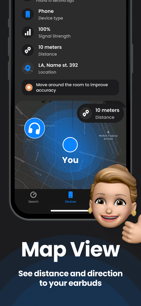 Device Finder: Easy Find - Map view showing the real-time distance and direction to find lost Bluetooth earbuds.
