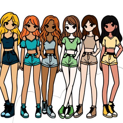 a group of girls wearing crop tops and shorts