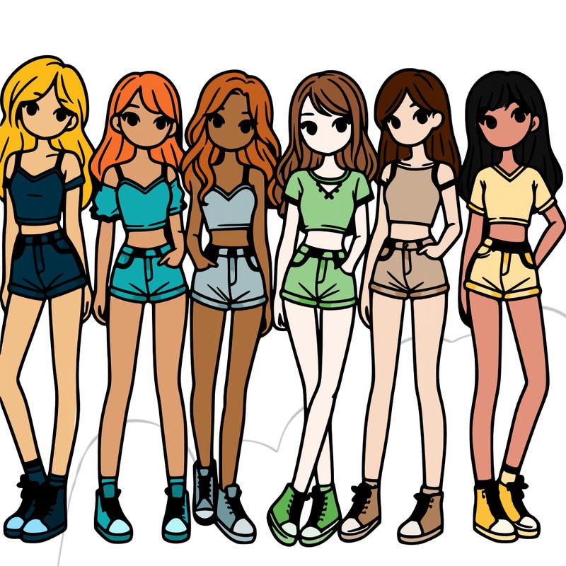 a group of girls wearing crop tops and shorts