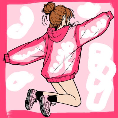 realistic girl jumping with a bun and oversized sweatshirt