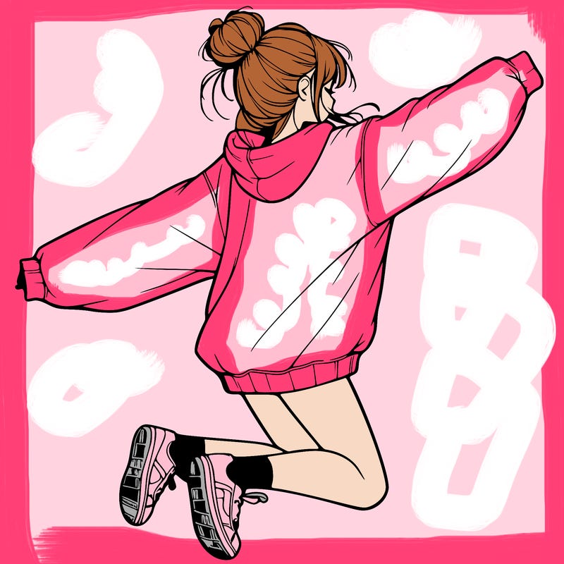 realistic girl jumping with a bun and oversized sweatshirt