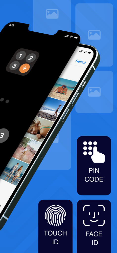 Secret Photo Vault app interface showing PIN code, Touch ID, and Face ID security lock options over a private photo gallery.