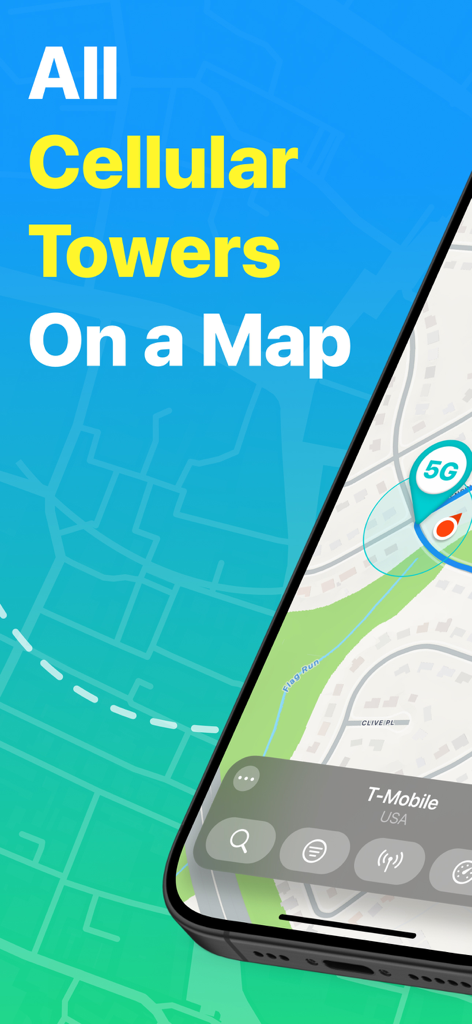 Interface do aplicativo móvel mostrando torres de celular e locais de sinal 5G em um mapa