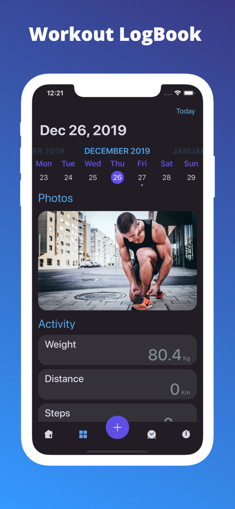 TimeFit - Interval Timer - Interface of the TimeFit app showing the workout logbook with a calendar and fitness activity tracking metrics