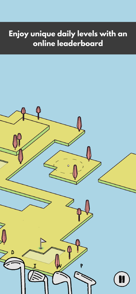 A hand-drawn isometric golf course with floating yellow islands and pink trees