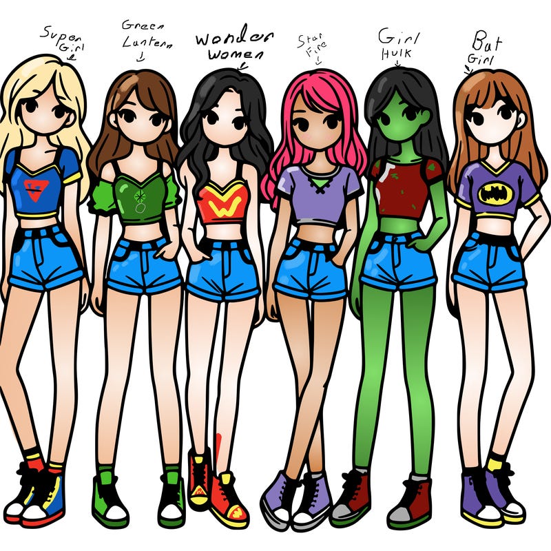 a group of girls wearing crop tops and shorts