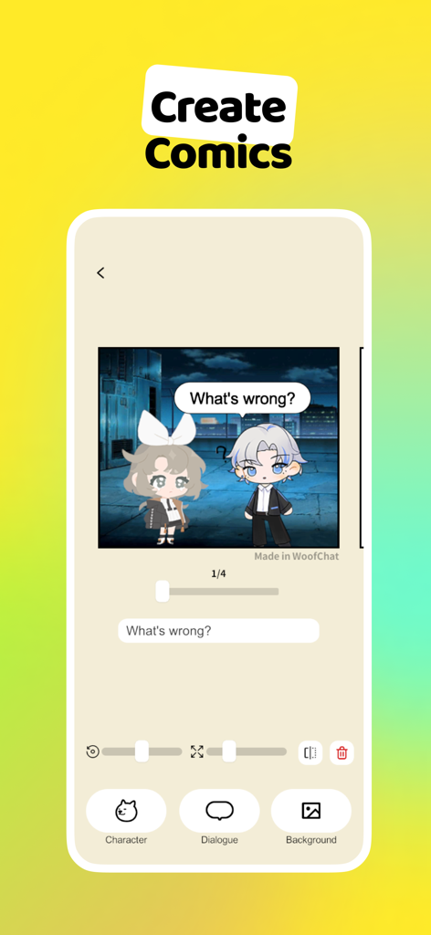 WoofChat - Pantalla de la aplicación WoofChat que muestra la herramienta de creación de cómics con personajes de anime y bocadillos de diálogo.