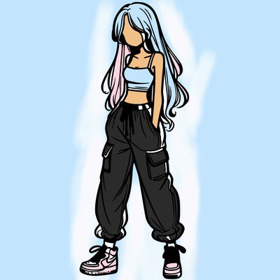 girl in baggy pants crop top and long hair