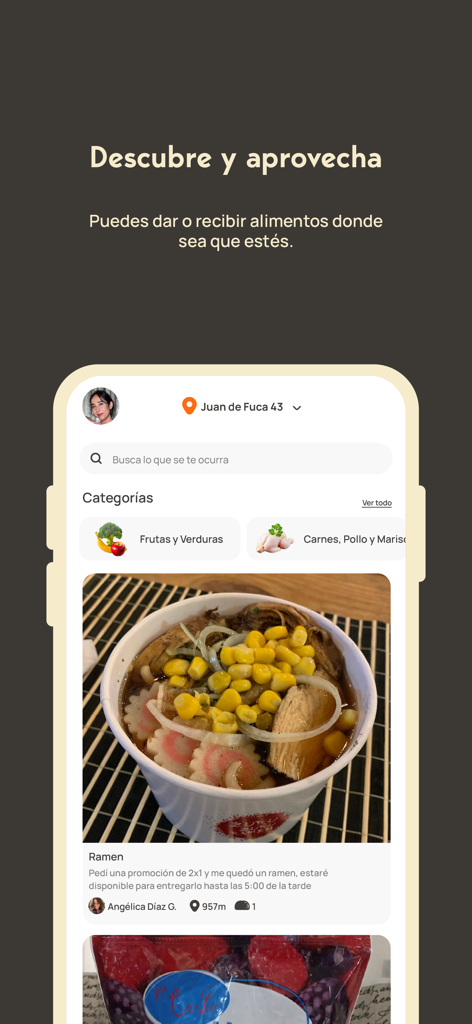 TacoShare app interface displaying a community food sharing post for ramen and grocery categories like fruits and vegetables.