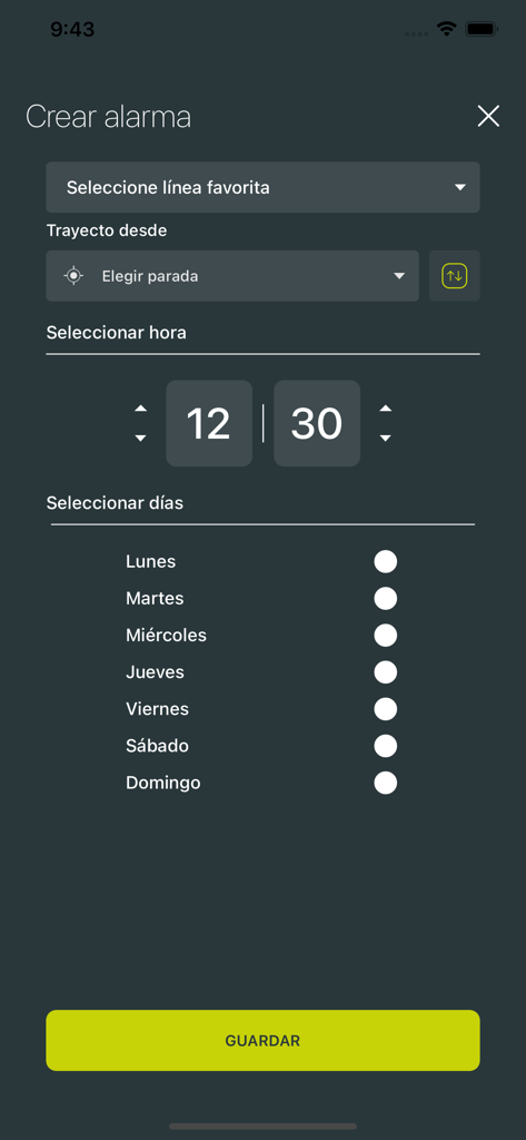 Titsa - User interface for creating a bus arrival alarm in the Titsa app.