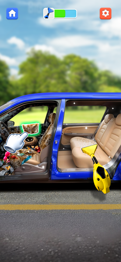A yellow vacuum cleaning the back seat of a blue car in a restoration game.