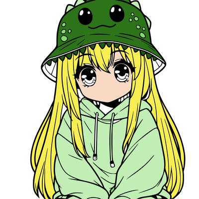girl with anime shaped eyes with a dinosaur bucket hat oversized sweatshirt long straight hair