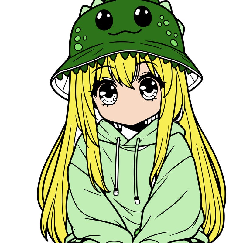 girl with anime shaped eyes with a dinosaur bucket hat oversized sweatshirt long straight hair