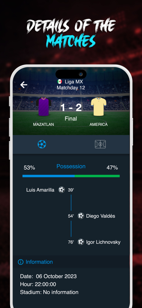 Mexican Football Scores app screenshot showing Liga MX match details between Mazatlan and America including score possession and goal scorers