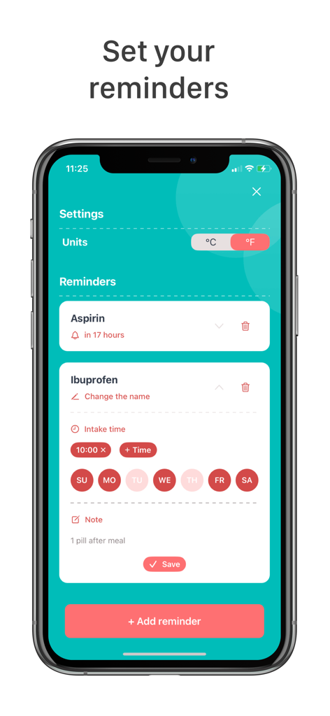 Smartphone screen showing medication reminder settings for Aspirin and Ibuprofen in the Fever Thermometer app