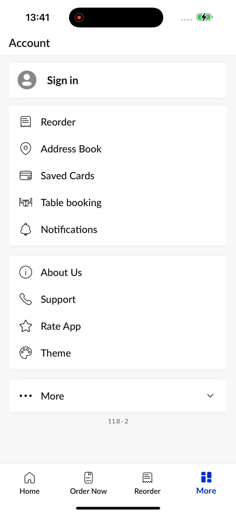Benjarong Thai Restaurant. - Account screen of the Benjarong Thai Restaurant mobile app showing options for signing in, table booking, and saved addresses.