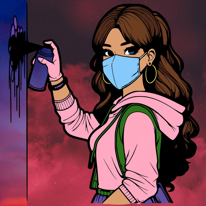 realistic girl with mask spray painting a wall