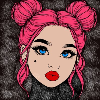 realistic girl with two buns on her hair and lips