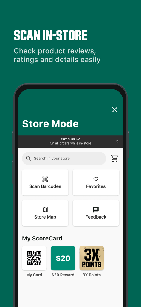 Dicks Sporting Goods app interface showing store mode with barcode scanning and scorecard rewards