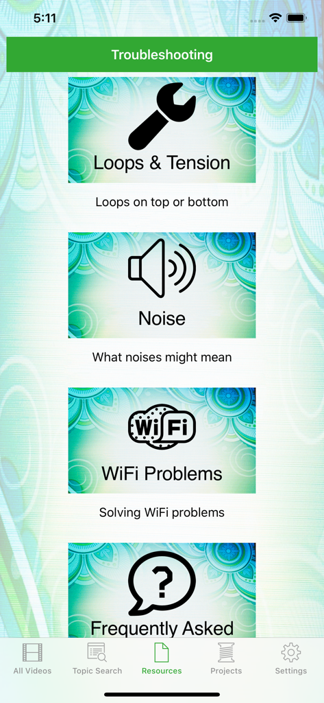 My 15000 - Menu di risoluzione dei problemi nell'app My 15000 per problemi comuni delle macchine da cucire come tensione e rumore.