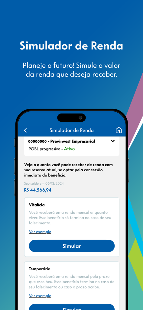 Tela do simulador de renda para planejamento de aposentadoria no aplicativo Caixa Vida e Previdencia
