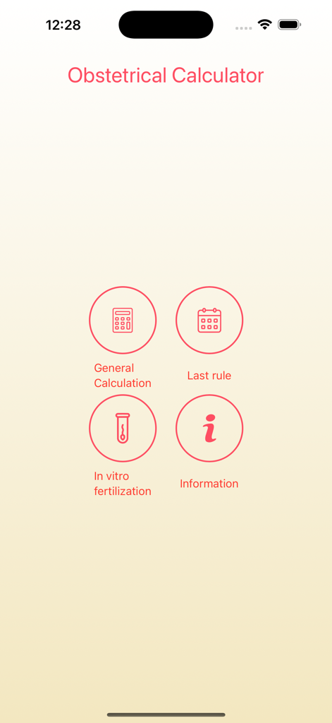 Obstetrical Calculator - Menu principal de l'application Calculatrice obstétricale affichant les options pour le calcul général, la dernière règle et la fécondation in vitro