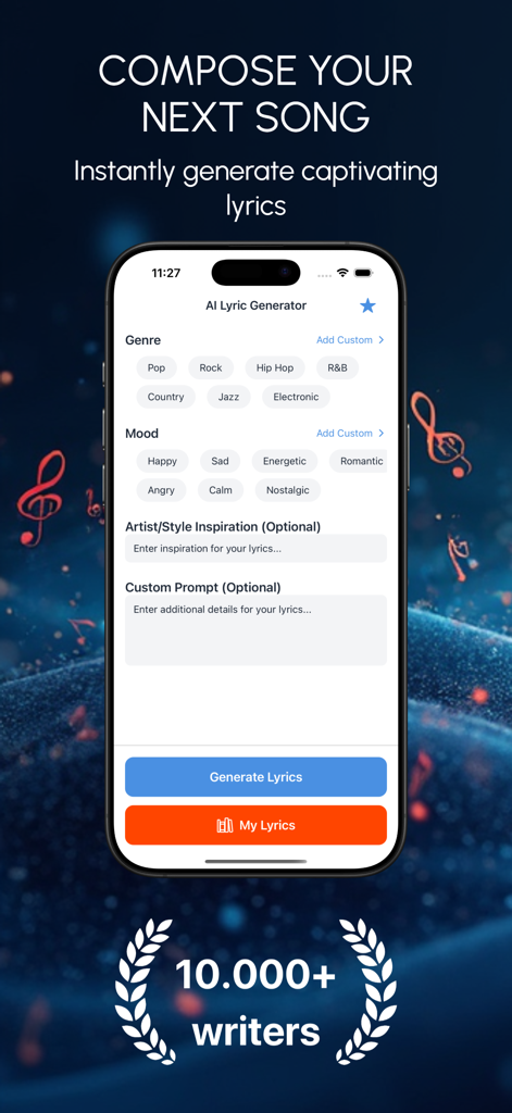 AI Lyric Generator GhostWriter - Interface do aplicativo Gerador de Letras de IA GhostWriter mostrando opções de gênero e humor para composição de músicas.