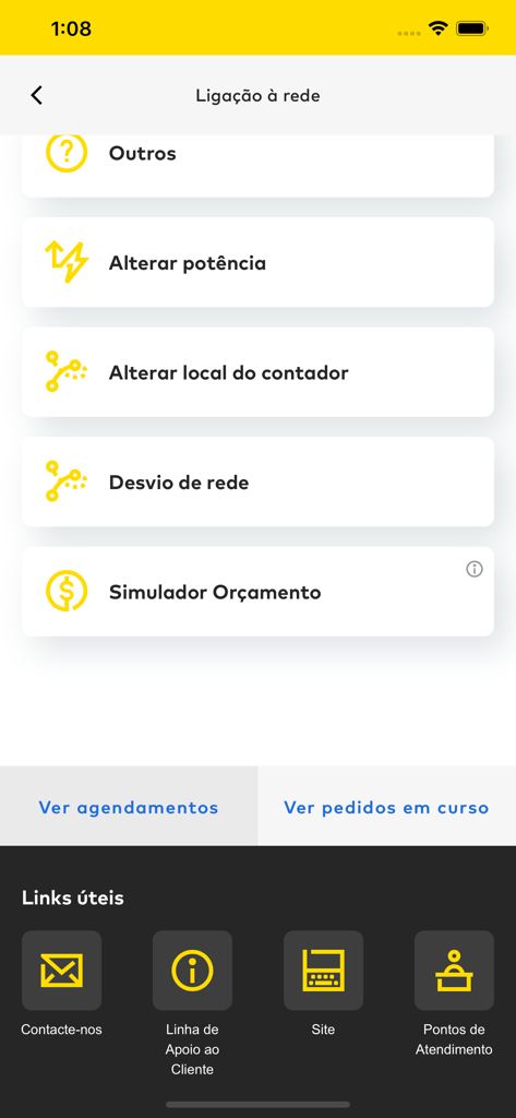 E-REDES Digital - E-REDES Digital mobile app screen showing network connection services and budget simulation options.