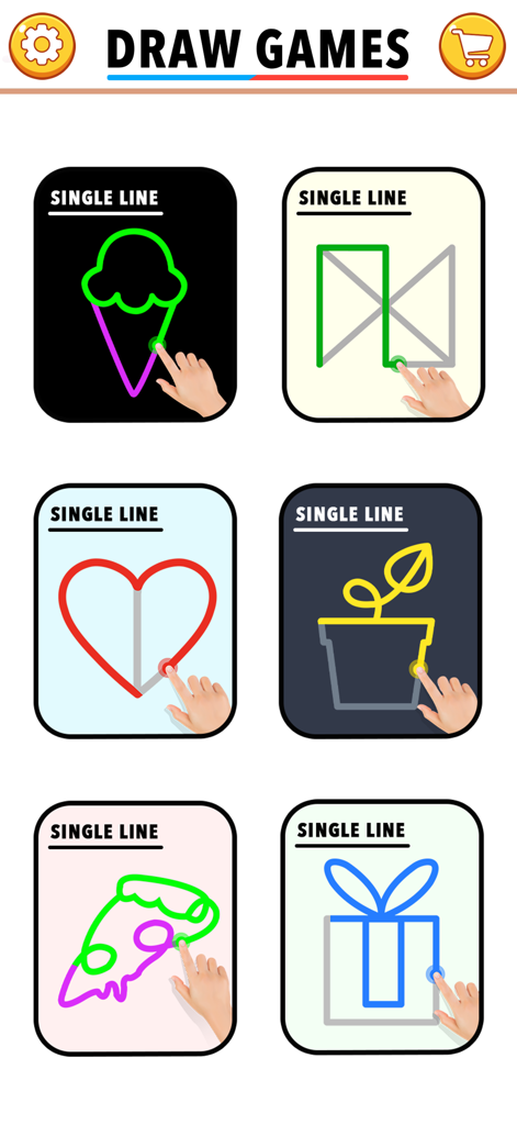 A collection of one-line drawing puzzles featuring an ice cream cone, heart, pizza, and potted plant.