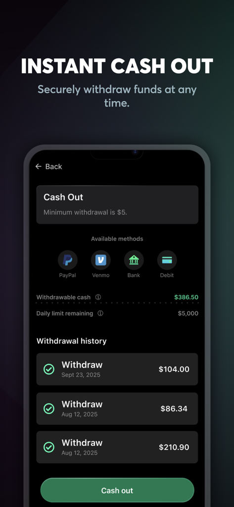 Screenshot of the Rips by Triumph app cash out screen showing withdrawal methods like PayPal and Venmo with a transaction history