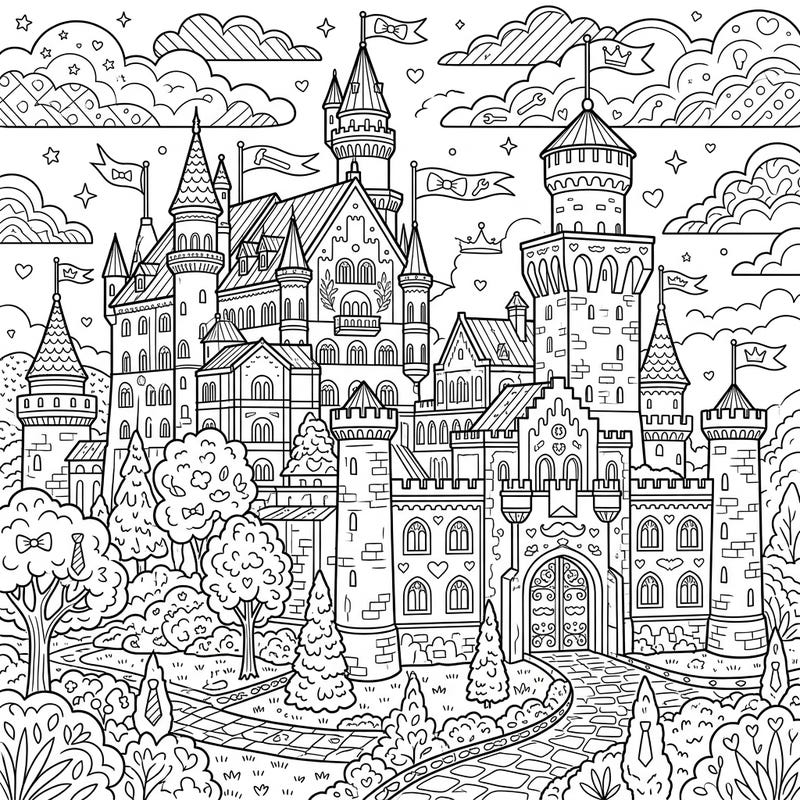 Step into a world of regal splendor with this unique Father's Day palace coloring page. Discover hidden nods to dad within the grand architecture and lush gardens, perfect for a heartwarming gift.