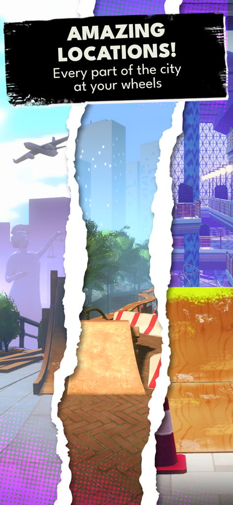 Touchgrind Scooter - A vertical image showcasing three different urban locations in the Touchgrind Scooter game including a park with ramps and city landmarks