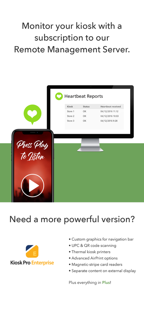 Dashboard di gestione remota che mostra report di heartbeat e elenco delle funzionalità enterprise per chioschi.