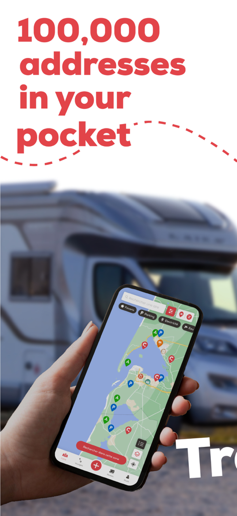 Hand holding a smartphone with the CaraMaps app showing a map of RV campsites and parking
