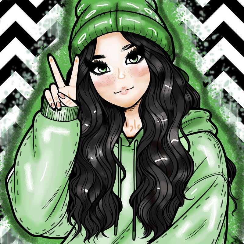 a teenage girl in a beanie, oversized sweatshirt, wavy long hair, and is showing a ✌️