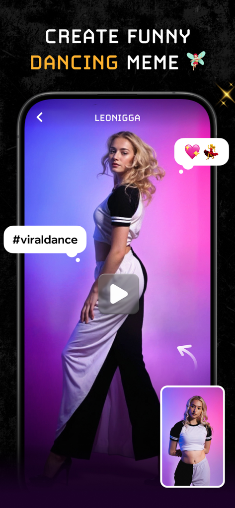 MOVA - AI Video Editor - MOVA app interface showing a viral dancing meme created with AI from a single photo.
