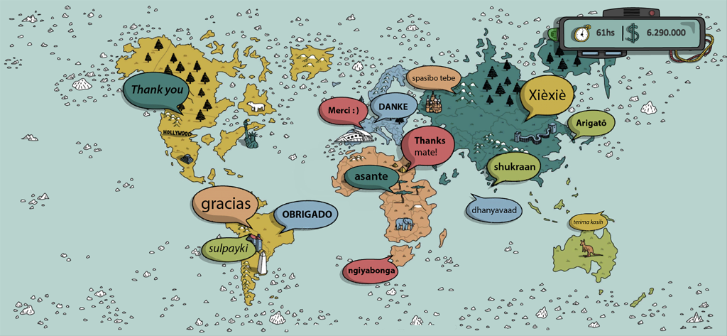 Nawaiam - Un mapa mundial estilizado que muestra mensajes de agradecimiento en varios idiomas.