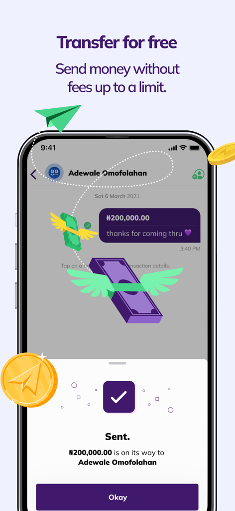 Kuda app screen showing a successful free money transfer confirmation in Naira