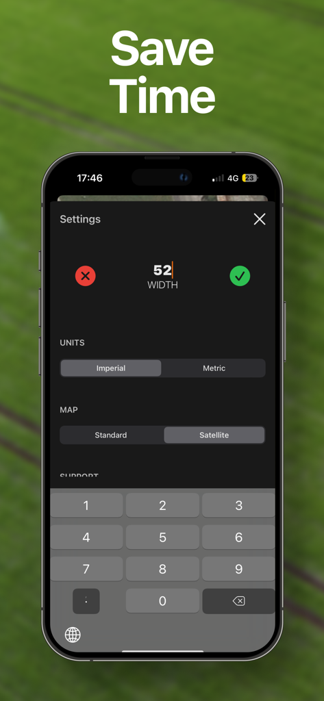 Tela de configurações do aplicativo Tractor GPS para configurar a largura da implemento e as unidades do mapa