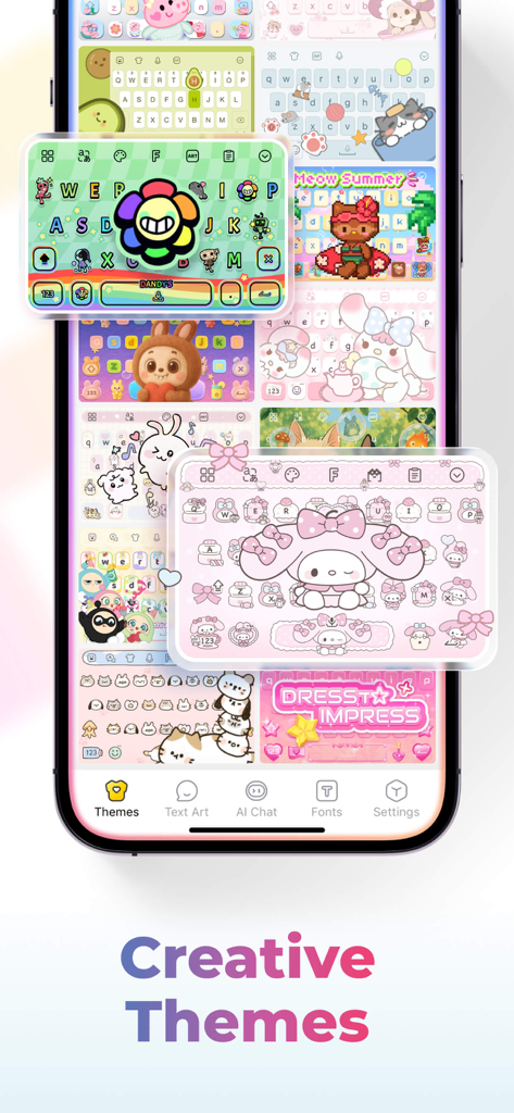 A smartphone displaying a variety of colorful and cute custom keyboard themes