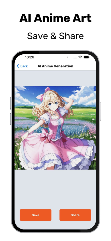 Manga Reader - Read Manga Top - Interface of the Manga Reader app showing AI anime art generation feature with save and share options