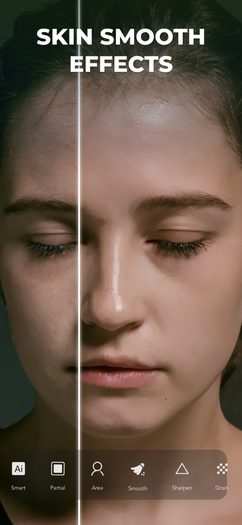 LUMINS - Light Photo Editor - Before and after portrait showing AI skin smoothing effect in Lumins app