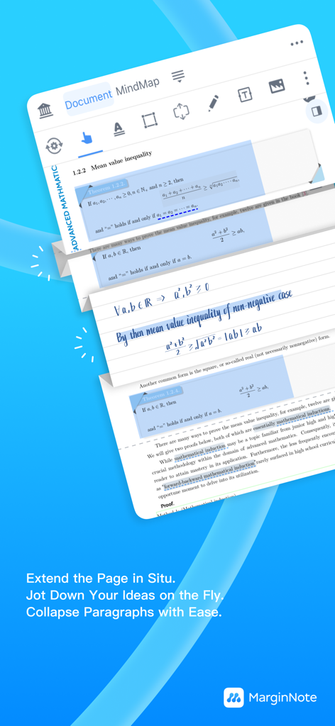 MarginNote 4: AI Notes·MindMap - MarginNote 4 app interface showing the Quick Extend Note feature with handwritten annotations in a math document