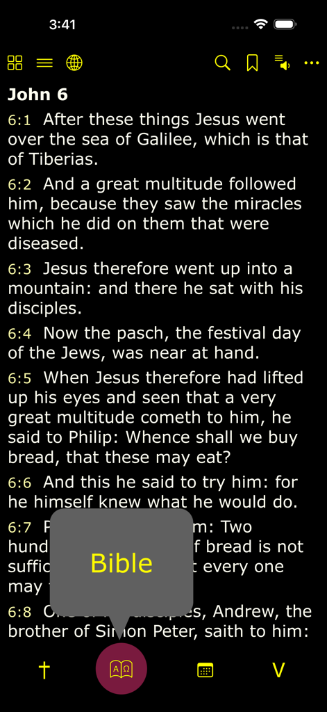 L'app iPieta visualizza versetti biblici dal capitolo sei di Giovanni in modalità scura