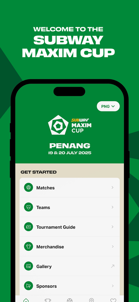 Maxim Cup - Home screen of the Maxim Cup app featuring the Penang 2025 tournament and navigation menu