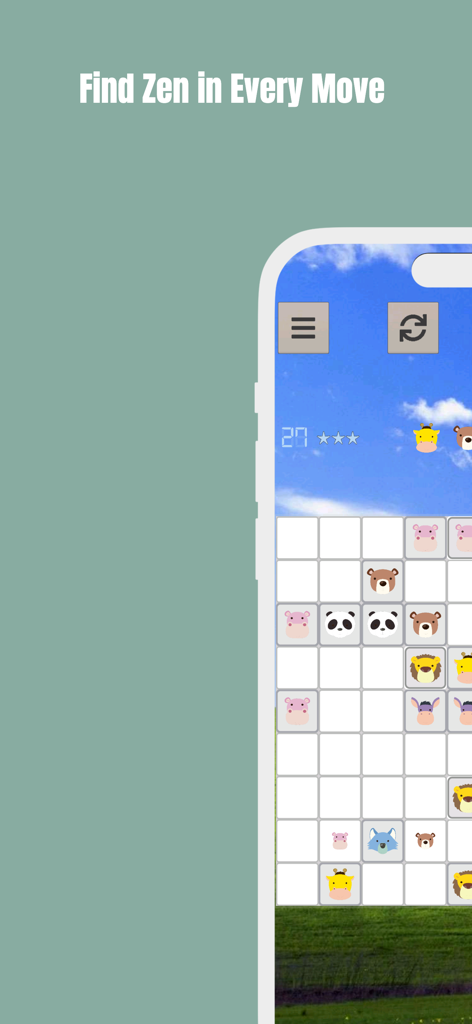 Line 98 mobile puzzle game showing animal face pieces on a grid with a sky background
