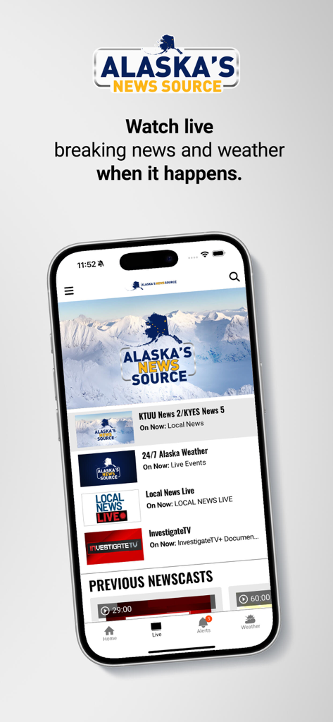 Alaska's News Source - KTUU - Smartphone screen showing the live broadcast section of the Alaska news source app