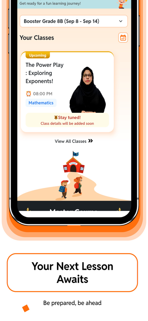 CuriousJr powered by PW - A screenshot of the CuriousJr app showing a scheduled Grade 8 math lesson on exponents