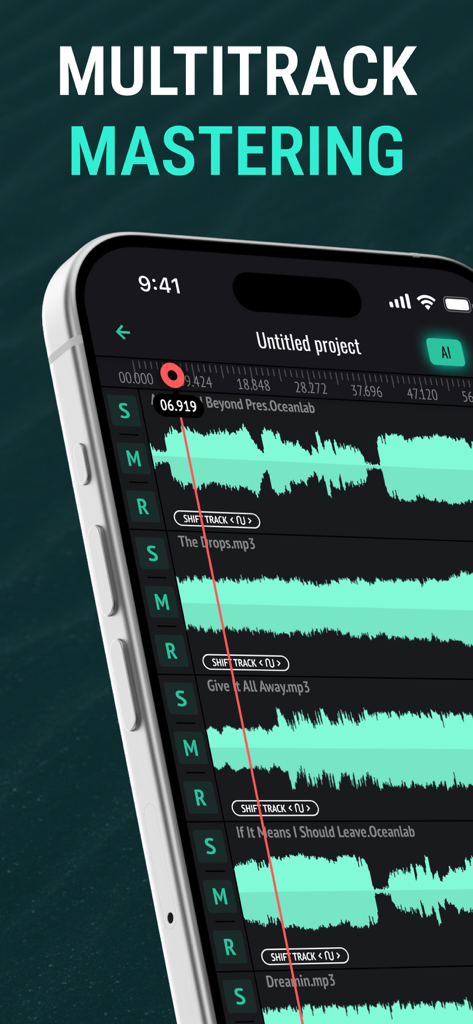 Sound Editor: Audio Changer - A smartphone display showing the multitrack audio mastering interface with several green waveforms