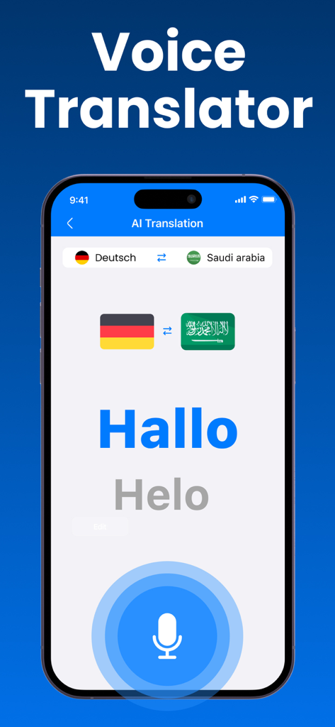 Interface mobile de l'AI Voice Translator montrant une session de traduction vocale de l'allemand vers l'arabe avec un gros bouton microphone.